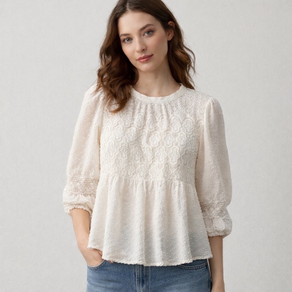 One September Tops - One September Blouse Womens Large White Lace Embroidered Peasant Top A512308
